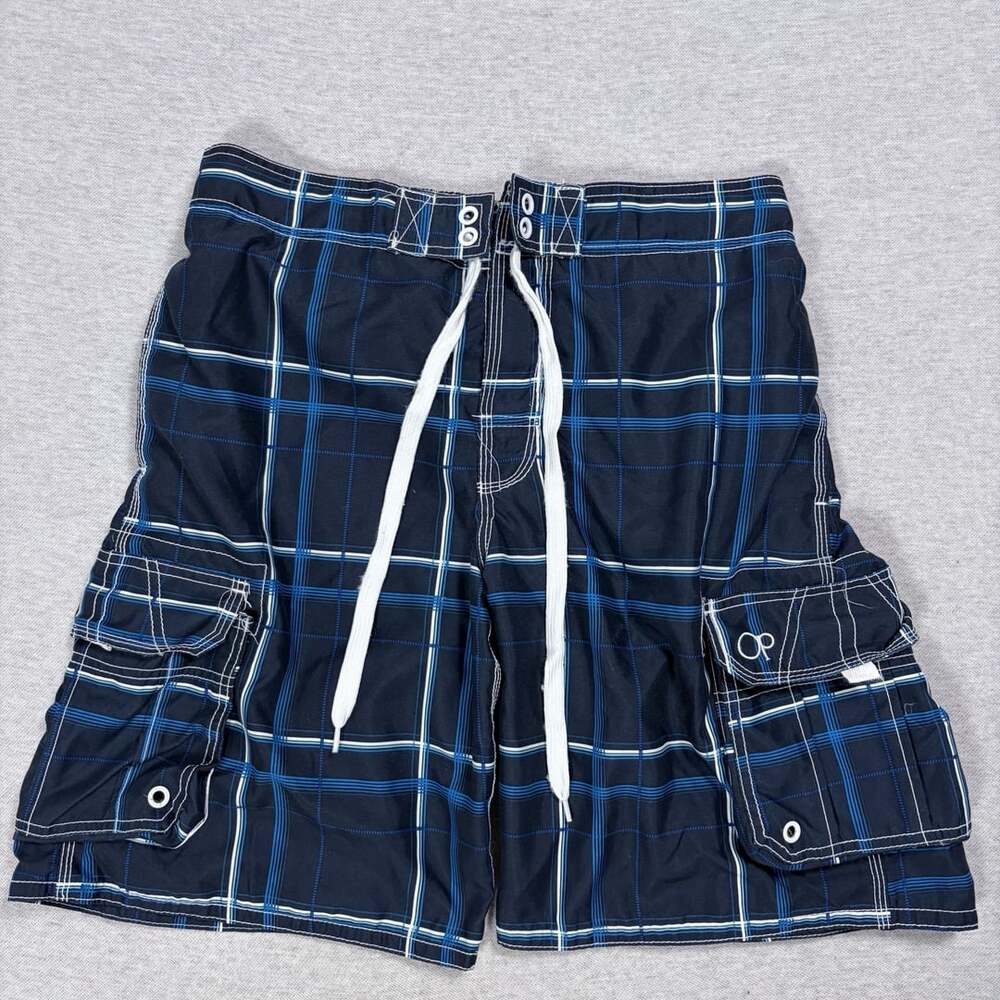 Ocean Pacific Op Size M (32/34) Black Plaid Swim Trunks Cargo Pockets Lined